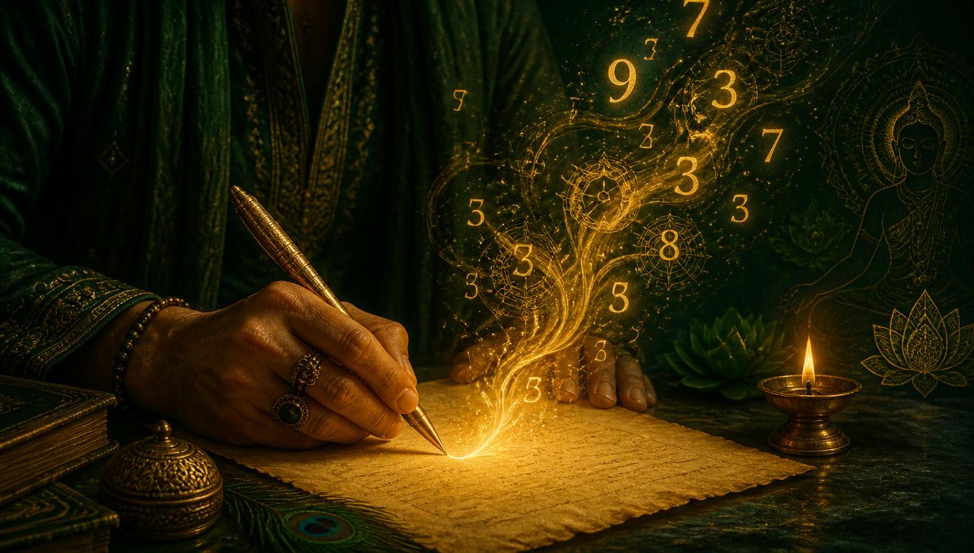 Numerologist writing a corrected name on parchment